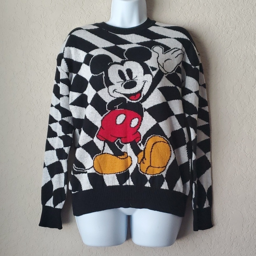 Disney Womens Multicolor Mickey Mouse Argyle Knitted Pullover Sweater XS